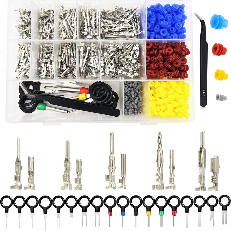 859pcs Automotive Electrical Pin Connectors Kit 1.5/1.8/2.5/2.8mm Pin Terminals Wire Connector Pins Male Female Crimp Pins with Wire Seals Terminal Removal Tool and Tweezer for 22-12 Gauge Plug 859pcs Pin Terminals