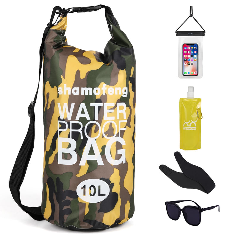 Waterproof Dry Bag 5L/10L/15L/20L/30L Roll Top Dry Storage Backpack with Phone Case, Collapsible Water Bottle, Sunglasses, Ear Band for Kayaking Boating Swimming Fishing Camping, Yellow 30L