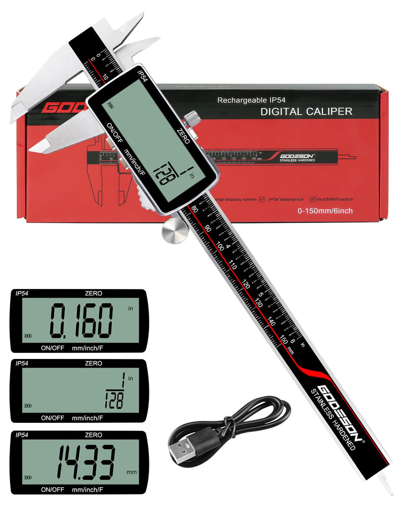 GODESON Digital Caliper, Rechargeable Digital Micrometer-IP54 Waterproof, Stainless Steel & Large LCD Screen Caliper Measuring Tool-Inch/Metric/Fraction,6" Calipers-Auto Off for Pros & DIYers 6-INCH Micro-B