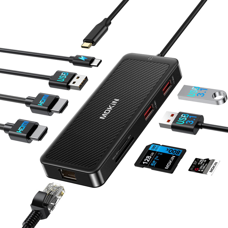 MOKiN USB-C Hub, 9-in-1 USBC Dock, Dual 4K HDMI USB C to USB Adapter, 1 Gbps Ethernet Hub, 100W Power Delivery, SD Card Reader for MacBook Pro, XPS and More