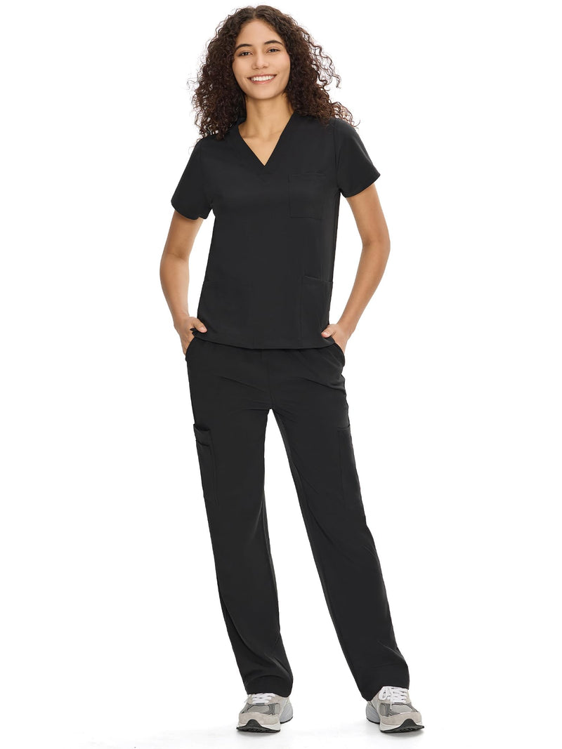 COZYFIT Scrubs for Women Set Medical Uniform - V-Neck Top & Straight Leg Pants with 9 Pockets, Unisex Workwear COZY SCRUBS Standard Small Black