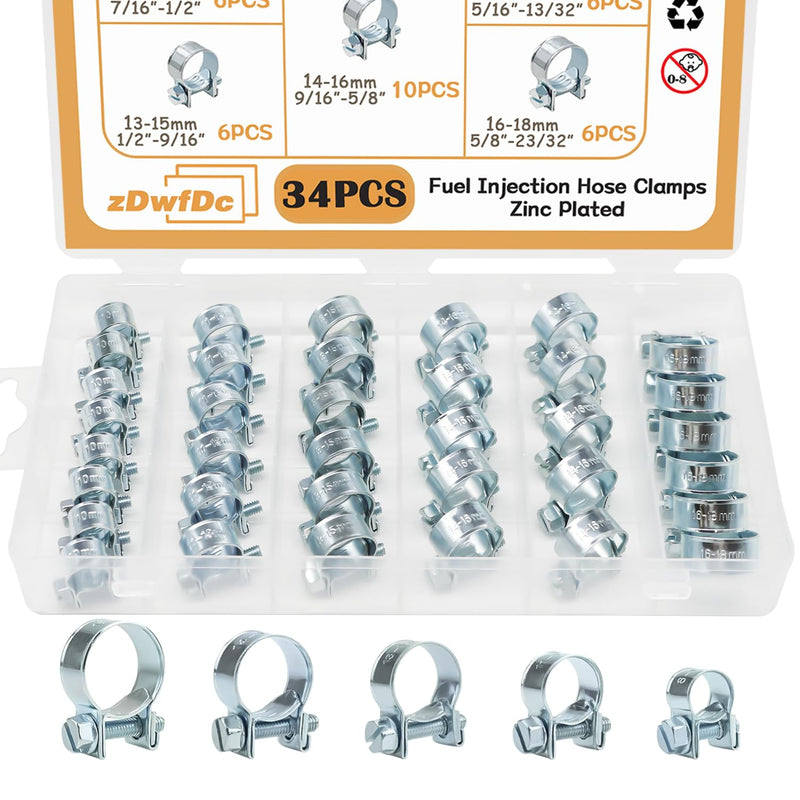 34PCS 8-18mm 5 Sizes Fuel Injection Line Hose Clamps Assortment Kit, 1/4" 5/16" 3/8" Fuel Line Hose Clamp for Automotive Diesel Petrol Pipe DD025