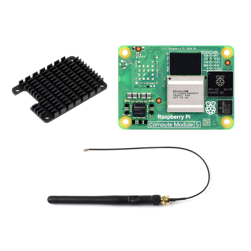CM5 Waveshare Pi Compute Module 5，Comes with an Official Raspberry Pi CM5002016 (Without Wireless, 2GB RAM, 16GB eMMC Flash), an Antenna Kit and a HEATSINK. (3 Items)