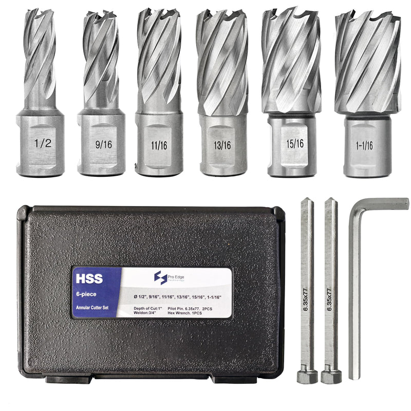 Pro Edge 6pcs Annular Cutter Set, 1" Cutting Depth, 1/2" to 1-1/16" Cutting Diameter, M2 Mag Drill Bits for Magnetic Drill Press with 2 Pilot Pin & 1 Hex Wrench, for Steel, Aluminum, Copper 6pcs HSS SET