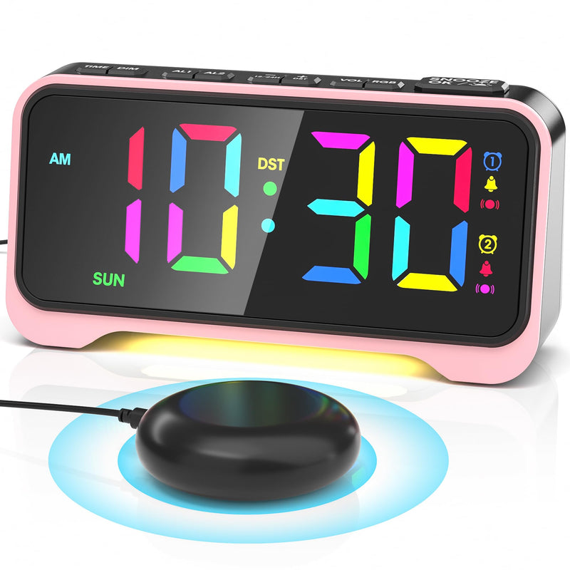 Loud Alarm Clock for Heavy Sleepers Adults, Bed Shaker Alarm Clock with 10-Color Modes/Night Light/USB Charger/7 Dimmer/Battery Backup, Vibrating Alarm Clocks for Hearing Impaired Deaf, Kids, Teens Pink With Bed Shaker