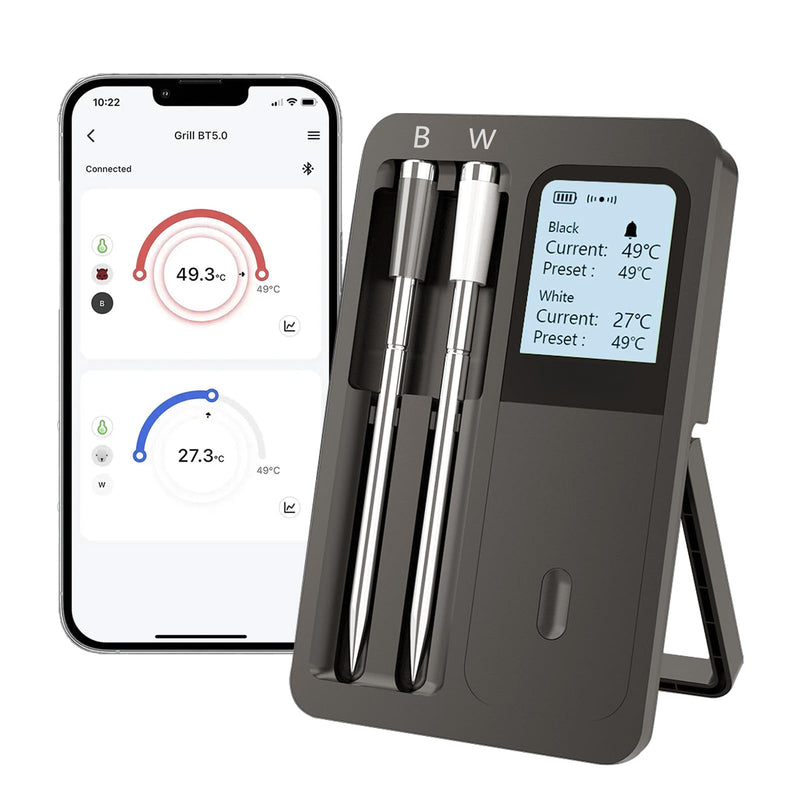 Bluetooth Smart Meat Thermometer – Wireless Digital Meat Thermometer with Dual Probes, App Control, Real-Time Temp Monitoring & Alerts for Grilling, Smoking, Oven, Kitchen & Outdoor