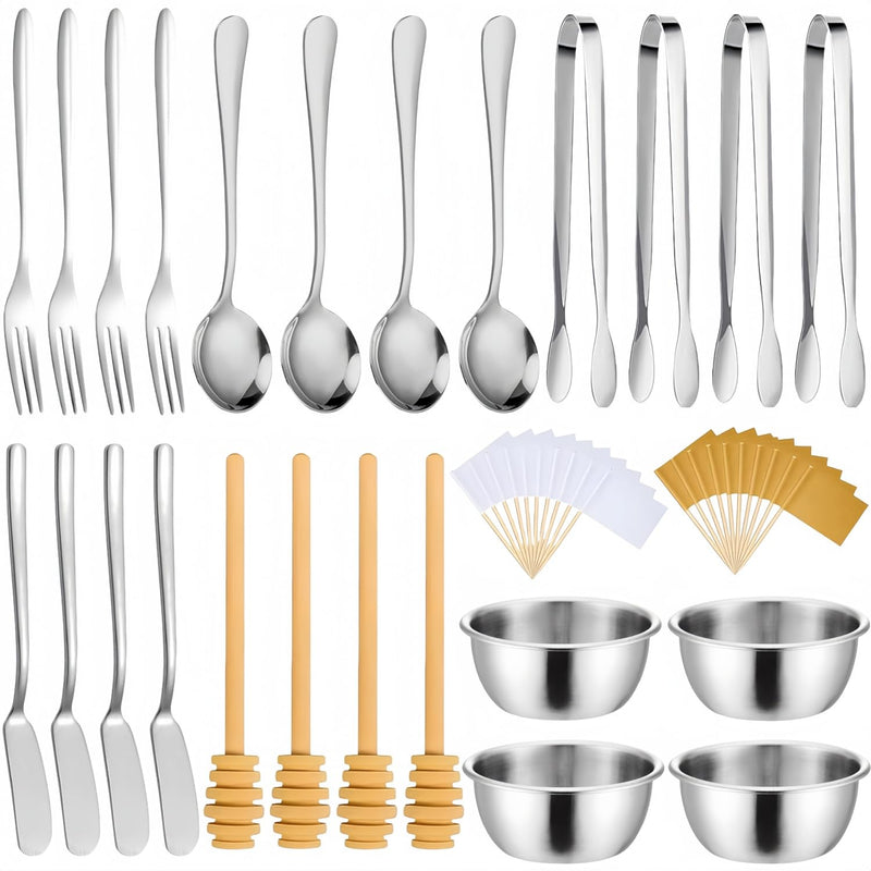 44 Pcs Charcuterie Boards Accessories,Cheese Butter Spreader Knives Set Stainless Steel Spreader Knives Forks Spoons Mini Serving Tongs Small Dipping Bowls Toothpick Flags Utensils for Party (Silver) Silver