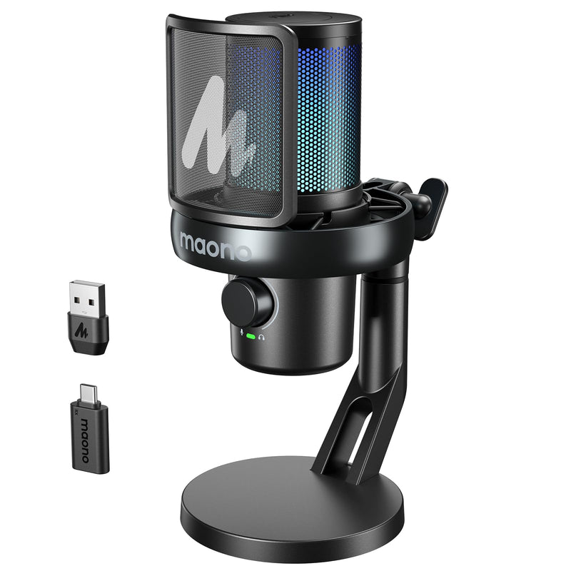 MAONO Wireless Gaming Microphone for PC, Condenser USB Mic with Software AI Voice Change,3-Level Noise Cancellation,Custom RGB, for Streaming Recording Podcast PS5 PS4 Twitch YouTube (DM40 Pro-Black) DM40 Pro AI Mic DM40Pro Black