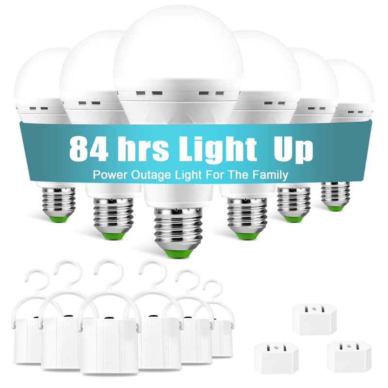 6 Pack Rechargeable Emergency Light Bulbs, Battery Powered LED Light Bulb 6000K Daylight E26 12W 60W Equivalent with 1500mAh for Home Power Outage Camping Hiking(6 Bulbs, 6 Hooks,3 Plug Caps) 1 HLQZS-6G