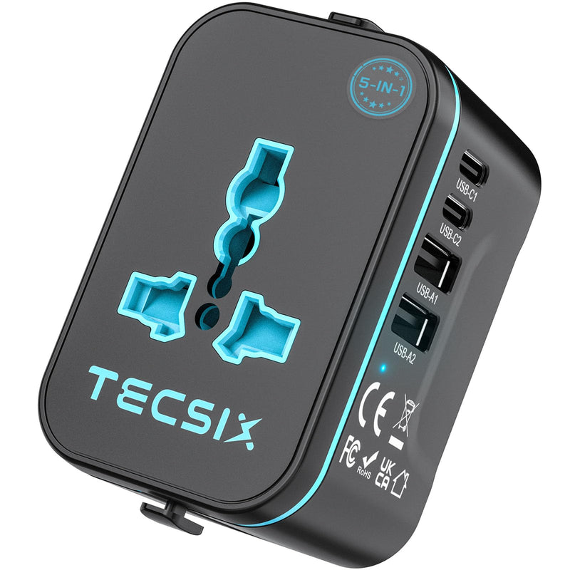 Universal Travel Adapter Worldwide, TECSIX European Travel Plug Adapter with 2 USB C, 2 USB A and Multi AC Outlets, International Power Converter for EU US UK AUS 200+ Countries Type A C G I black blue