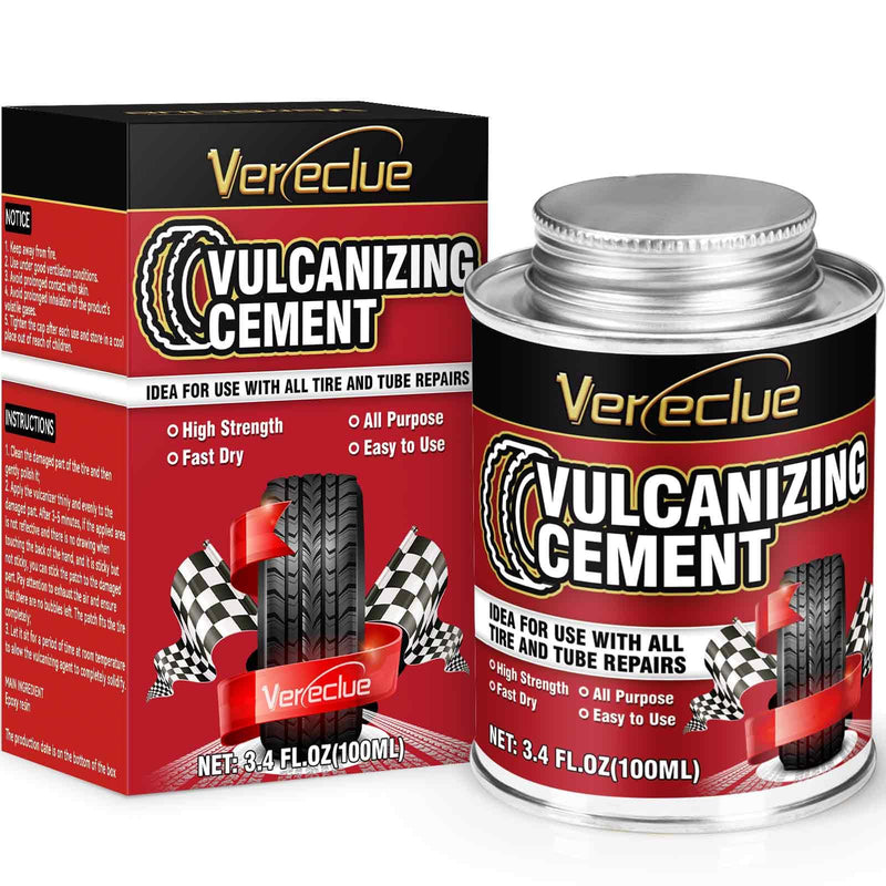 Chemical Vulcanizing Cement 3.4FL.Oz, All Purpose Tire Repair Rubber Glue, Dry Clear Rubber Cement, Tire Patch Glue with Brush Top Can for Car, Motorcycle, Bike Tires