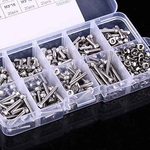 340Pcs 304 Stainless Steel Hex Socket Head Screws Bolts Nuts Assortment Kit with Storage Box, M3 x 5/6/8/10/12/14/16/18/20mm, Combination Screw