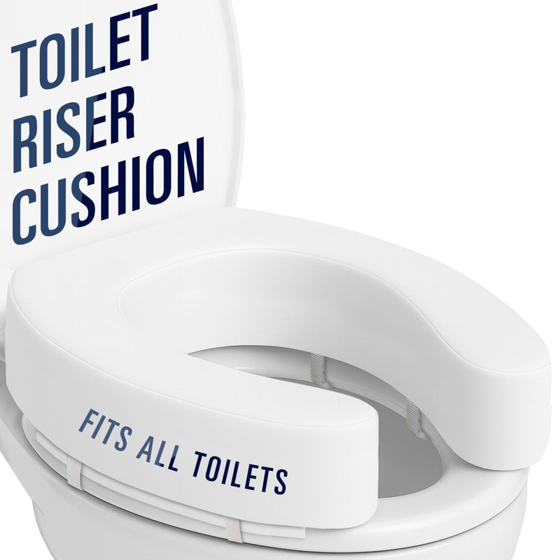 Vive Toilet Seat Riser Cushion for Seniors - Universal Fit - Raised Toilet Seat with High-Density Foam for Elongated & Standard - Firm Handle, Cushioned & Padded - Elevated Medical Handicap Lifter White Dense Riser 4” Height