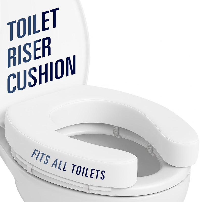 Vive Toilet Seat Riser Cushion for Seniors - Universal Fit - Raised Toilet Seat with High-Density Foam for Elongated & Standard - Firm Handle, Cushioned & Padded - Elevated Medical Handicap Lifter White Dense Riser 2” Height