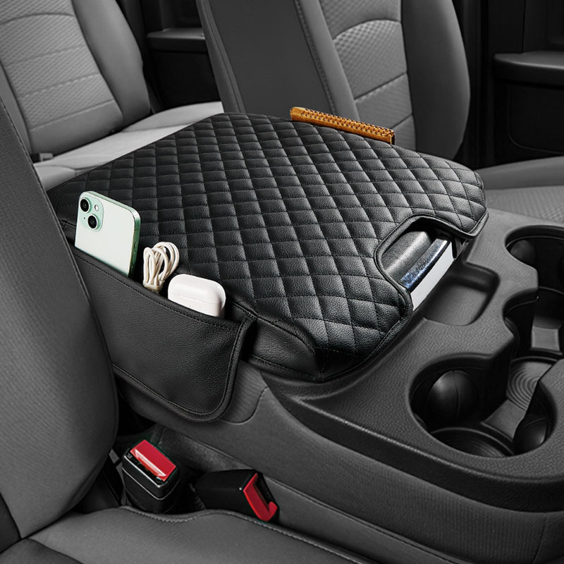 JOYTUTUS Center Console Cover Compatible with 2013-2018 Ram 1500 & 2013-2025 Ram 2500/3500/1500 Classic Model Jump Seat, Leather Arm Rest Armrest Cover for Car, Middle Console Cover Lid, with 2 Pocket Jump Seat Console 2013-2025 Ram