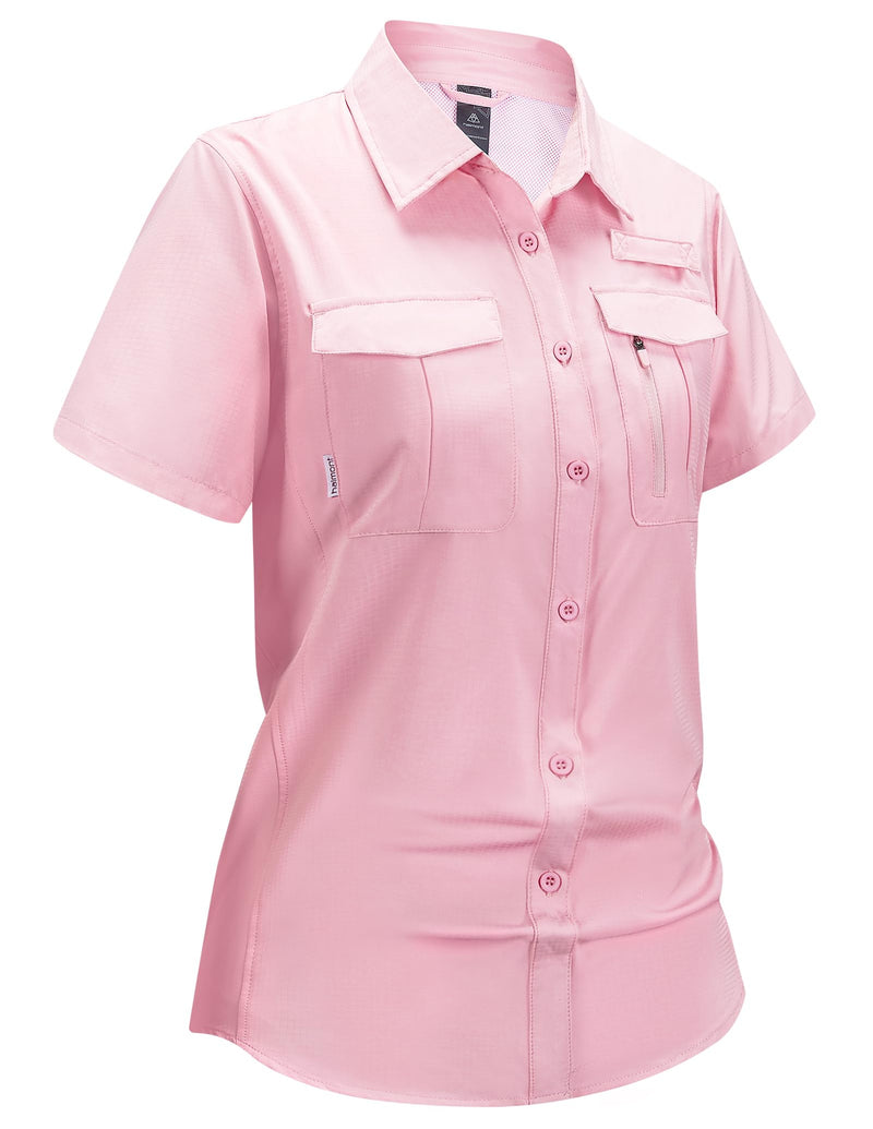 Haimont Women's Sun Protection Fishing Hiking Shirts Button Down Short Sleeve Water Resistant Quick Dry Outdoor Light Pink Small