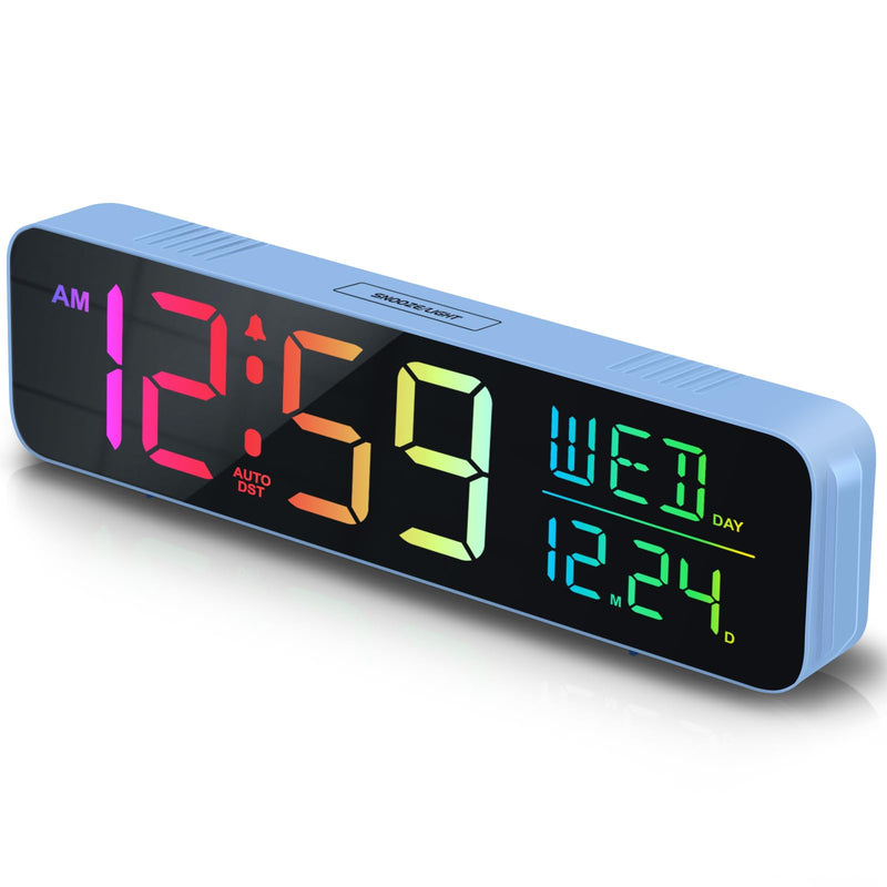  [AUSTRALIA] - Peakeep Loud Digital Alarm Clock Large Display for Bedrooms with Date, Day of Week, Auto DST, Desk Clock Electric Plug in for Living Room, Battery Backup, USB Port, 5 Dimmers Blue Rgb