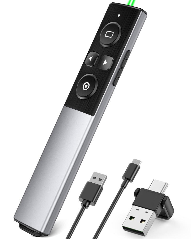 Wireless Presentation Clicker- Clicker for Powerpoint Presentations- Rechargeable Presentation Remote, Slide Advancer for Keynote/PPT/Mac/PC/Laptop Green Light-Rechargeable & Metal