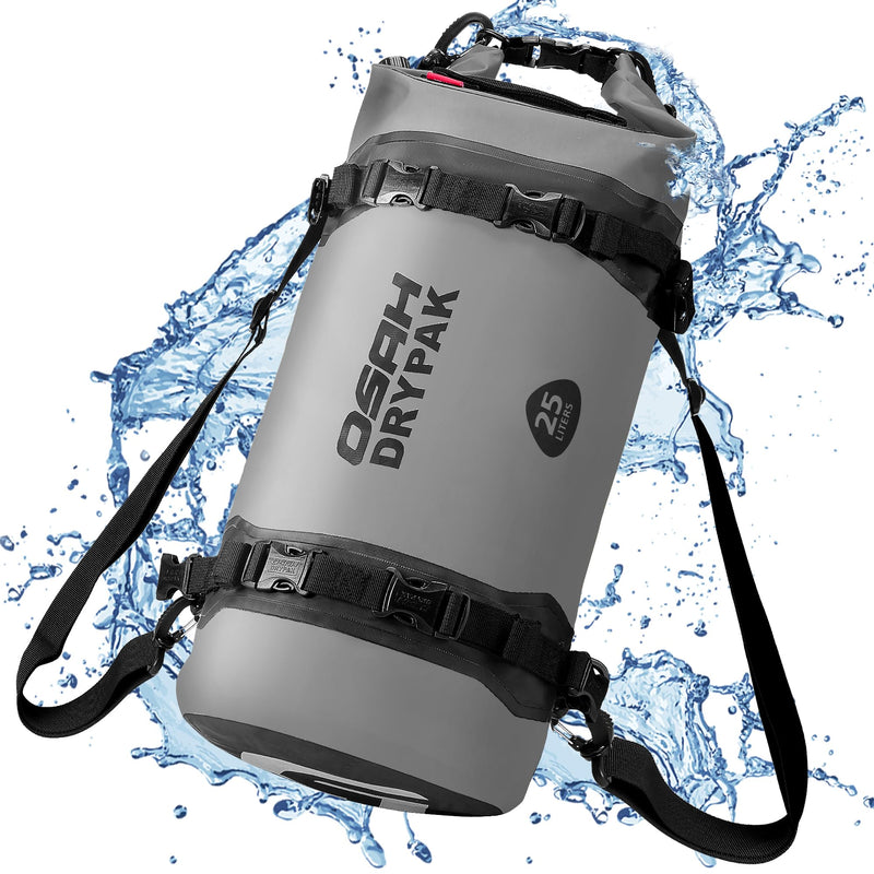 OSAH DRYPAK 25L Waterproof Dry Bag - Motorcycle Luggage Tail Bag with Straps for Back Seat, Roll Top Lightweight Waterproof Backpack Sack for Travel, Swimming, Boating, Kayaking, Camping and Beach Grey