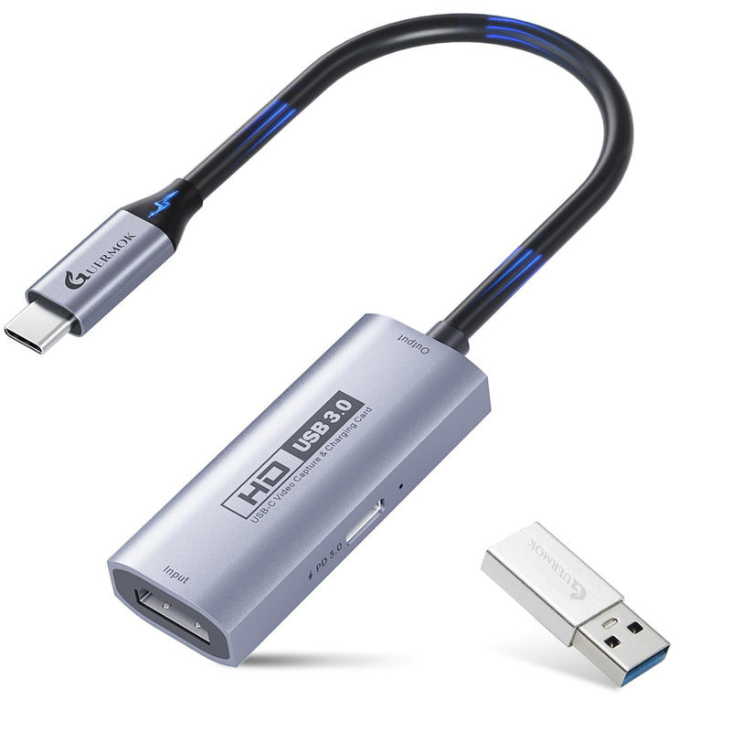 Guermok 4K USB3.0 Video Capture Card with PD 100W, 2K@30FPS or 1080P@60FPS HDMI to USB-A/C Capture Card for Streaming, Works with iPad Quest 3, MacOS, Switch2/1 PS5/4, Xbox, Camera, Silver