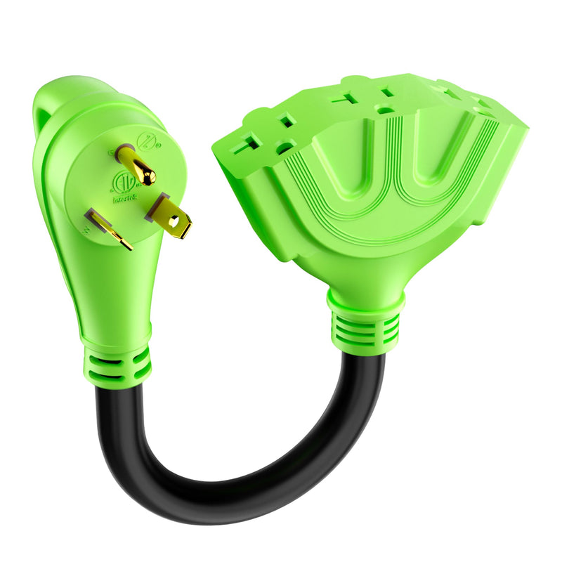 Conable 30 Amp to 15/20 Amp RV Distribution Adapter, 3 Prong NEMA TT-30P to NEMA 3X 5-20R/5-15R Household Outlet, 3 Outlets, ETL Listed, STW 10AWG*3C, Green, 1FT