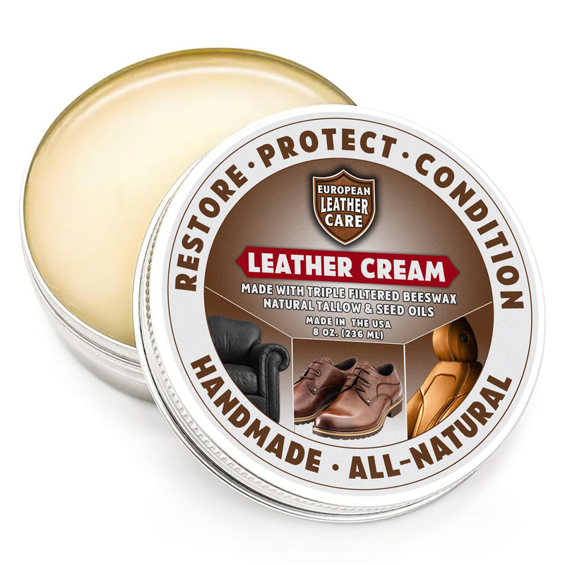 European Leather Care 8 oz Cream Leather Cleaner and Conditioner All Natural Leather Boots Leather Maintenance Cream Leather Conditioner Shoe Polish, Leather Couch, Furniture, Purses, Car, Saddle USA 8 Ounce