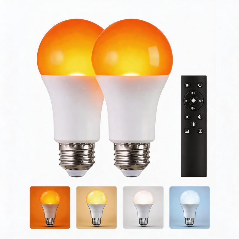 Amber Sleep Light Bulbs with Remote Control, 800LM 9W (60W Equivalent),Circadian Rhythm Light Bulb,Dim,1800K-6500K,E26,2.4G,Warm and Reading Light Bulb for Home Decor,2Bulb&1Remote Amber-9W-1Remote and 2Bulb