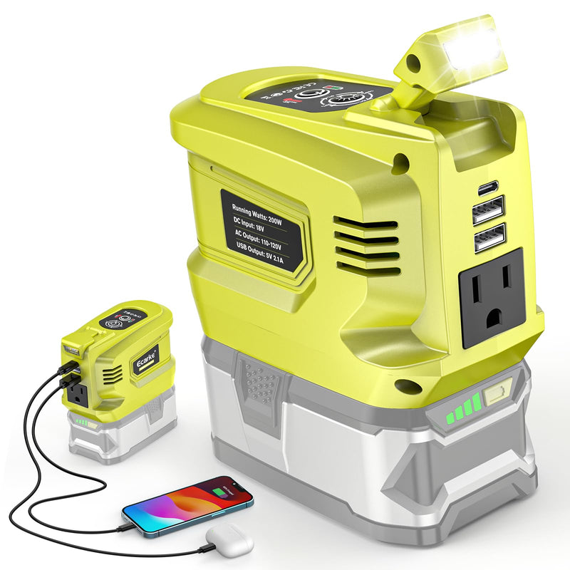 200W Portable Power Inverter Compatible with Ryobi 18V,Ecarke Real 200W Outdoor Generato Battery Converter with 2 USB&LED&AC Battery Powered Outlet,Convert DC 18V to AC 110V Portable Power Station Compatible with Ryobi 18V(no battery)