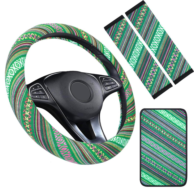 Boho Steering Wheel Cover Set, Seat Belt Cover and Armrest Pad Bohemian Cloth Car Steering Wheel for Women Flax Ethnic Style Steering Wheel Accessories Cover Anti-Slip Fits 14 1/2-15 Inch - Green Blue