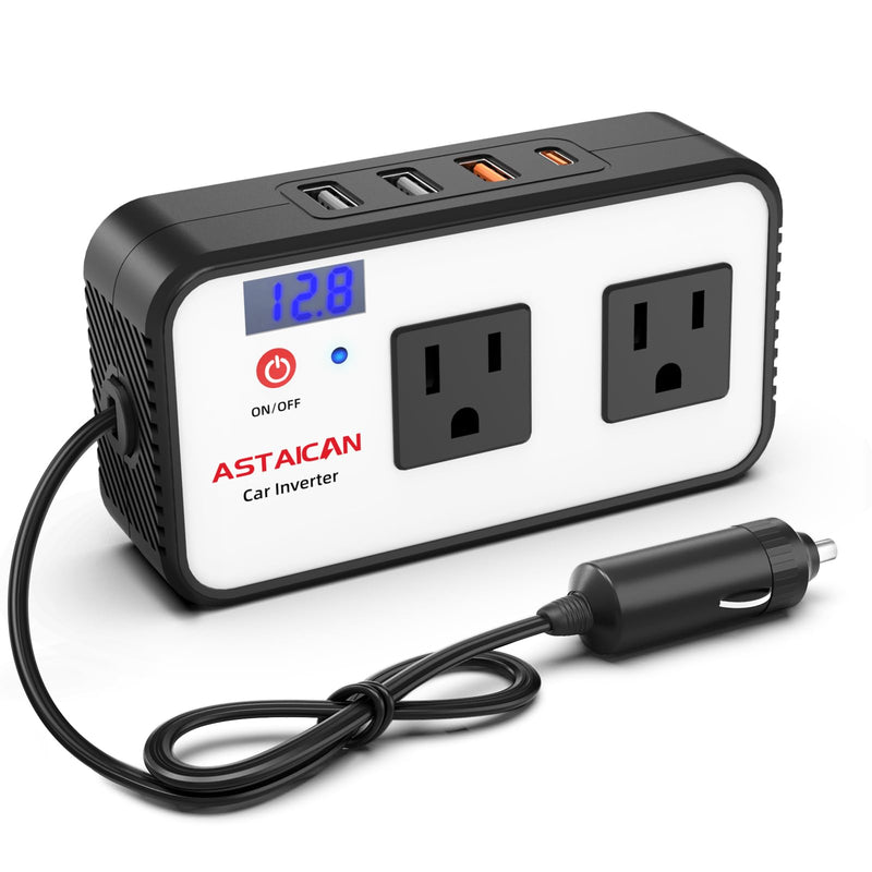 200W Car Power Inverter, DC 12V to 110V AC Car Plug Adapter with 20W USB-C & 18W USB-A Dual AC Outlet, PD/QC Fast Car Charger for Laptop, Vehicles, Road Trip Essentials, White