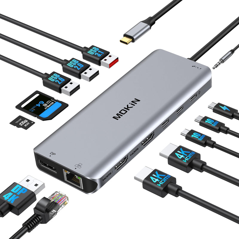 USB C Laptop Docking Station Dual Monitor Dual HDMI 4K DP Triple Display Hub, 13 in 1 MOKiN USB C Hub with 3 Monitors, DisplayPort, USB 3.1, RJ45, 100W PD, Card Reader, Audio/Mic, for Dell HP Lenovo Gray