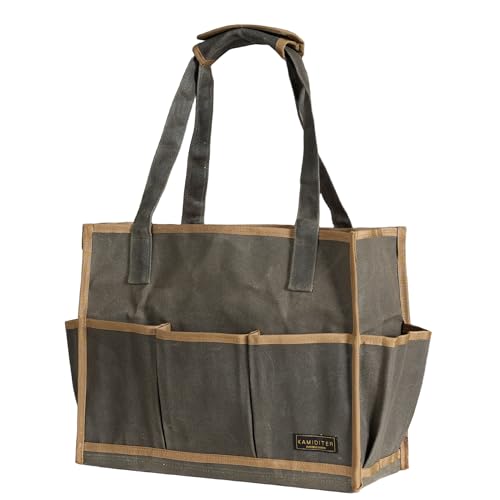 Heavy Duty 16OZ Waxed Canvas Tool Bag,15-Pockets Portable Tote Bag,Muti-Purpose Garden Tool Storage Bag with Padded Handle | ArmyGreen