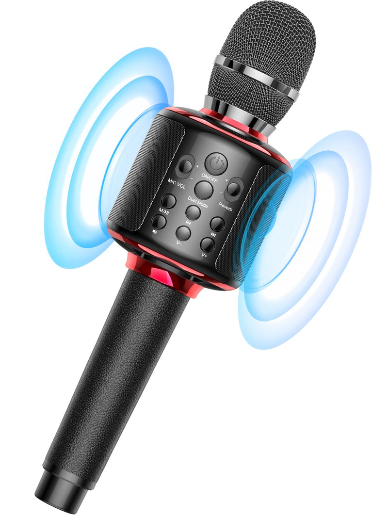 Wireless Bluetooth Karaoke Microphone, Built-in Loud Speaker for 10H Playback, Add Reverb/Duet Mode/Earbuds Monitoring, Portable Karaoke Machine for Entertainment & Singing Practice (Black&Red) Black&Red