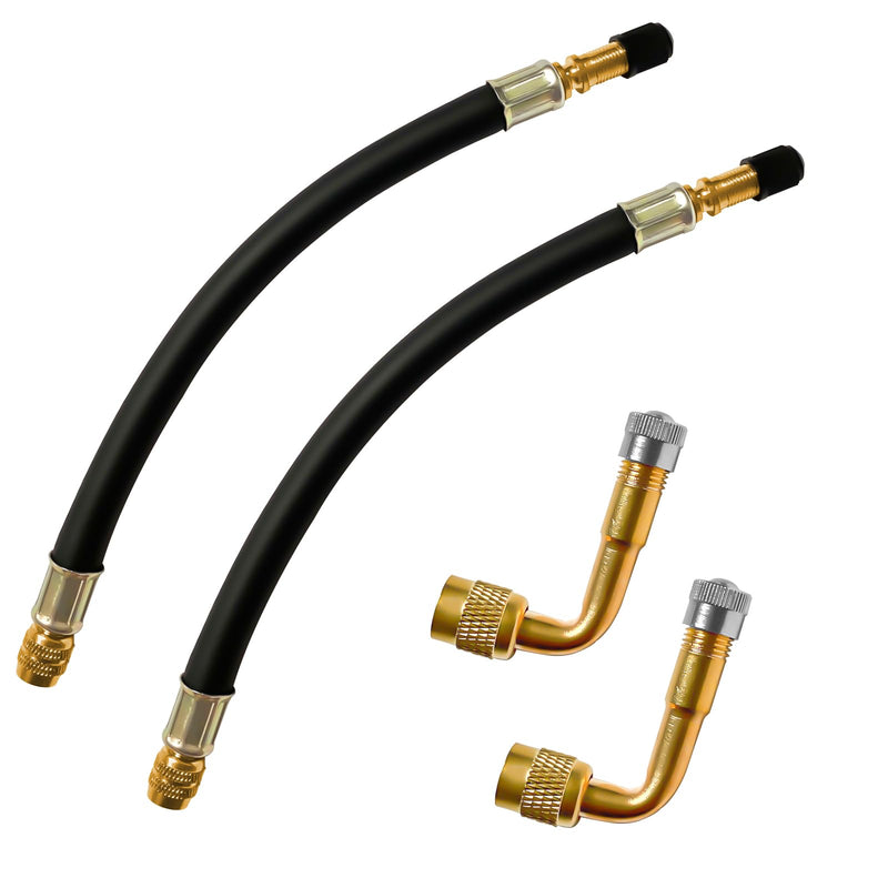 Valve Stem Extension, 2pcs 8.25 Inch Flexible Tire Valve Extender with 2pcs 90 Degree Brass Tire Valve Extension Adaptors, for Universal RV Cars Truck Motorcycle Bike Scooter