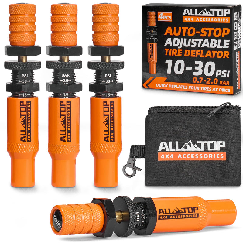  [AUSTRALIA] - ALL-TOP Adjustable Auto-Stop Tire Deflator Valve Kit (10-30PSI) 4 PCS Tyre Air Down Tool with Screw-On Back-up Valve Caps for Offroad 4x4 (2nd Gen) Orange