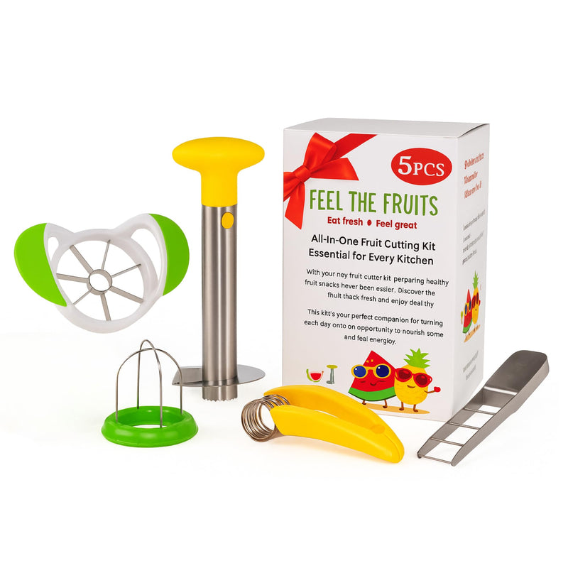 Fruit Cutter Set of 5 - Fruit & Vegetables Cutting Tools - Banana - Kiwi - Strawberry - Water Melon Slicer Cutter - Pineapple Corer - Apple Slicer - Kitchen Accessories