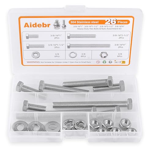 Stainless Steel Hex Head Nuts and Bolts Assortment Kit, 26PCS Bolt Assortment Kit 3/8-16 x 1”, 1-1/2”, 4”, 2-1/2” Assorted Nuts Bolts and Washer Assortment with Storage Case 26Pcs -3/8-16