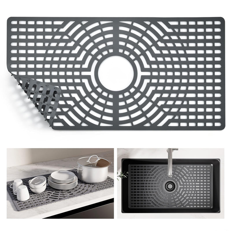 Snuggery Silicone Sink Protector 28"x15" Center Drain Hole, Heat Resistant Non-slip Dishwasher Suitable, Large Mat for Bottom of Farmhouse Kitchen Stainless Steel Sink(Grey) 28x15 center