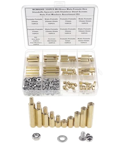 300PCS M4 Brass Male-Female Hex Standoffs Spacers Screws Nuts Flat Washers Assortment Kit;Female Lengths:6mm to 25mm