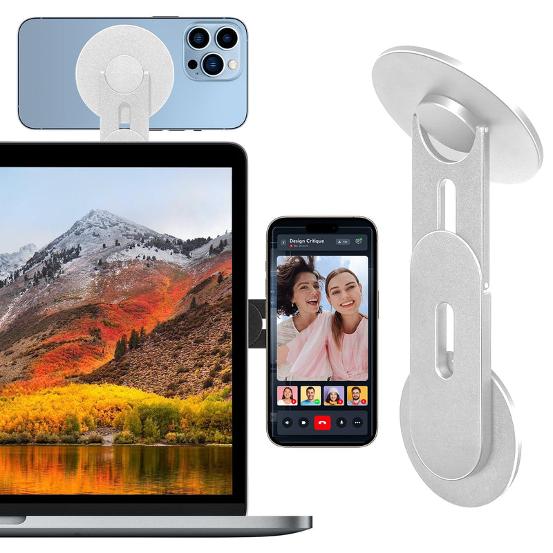 Updated Magnetic Laptop Phone Holder - Adjustable Continuity Camera Mount Stand Compatible with MagSafe, Slim Laptop Mount Computer Expansion Bracket for All Smartphone Silver