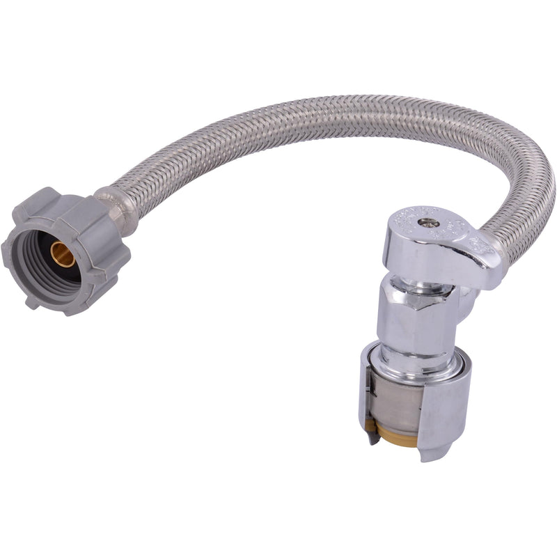 SharkBite Max 12 In. Stainless Steel Braided Toilet Connector with Angle Stop Valve, 1/2 Inch PTC x 7/8 Inch Ballcock, PEX Pipe, Copper, CPVC, PE-RT, HDPE, UR24656 12 in. SharkBite Max