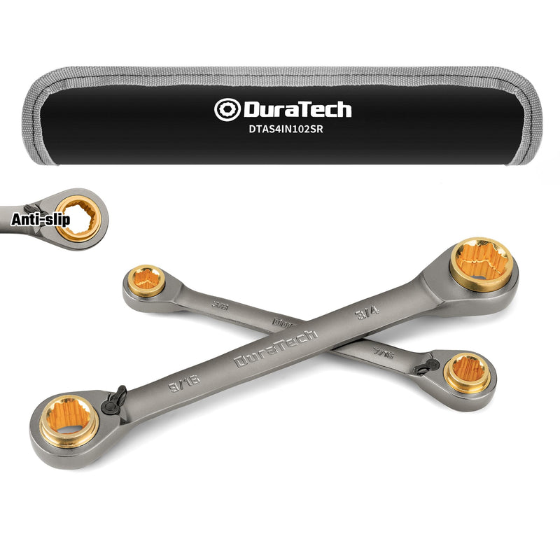 DURATECH Anti-slip 4-in-1 Reversible Ratcheting Box Wrench Set, Double Box End, SAE, 2-Piece, 5/16, 3/8, 7/16, 1/2 & 9/16, 5/8, 11/16, 3/4-Inch, CR-V Steel, Nickel Plated, with Rolling Pouch Anti-slip & SAE