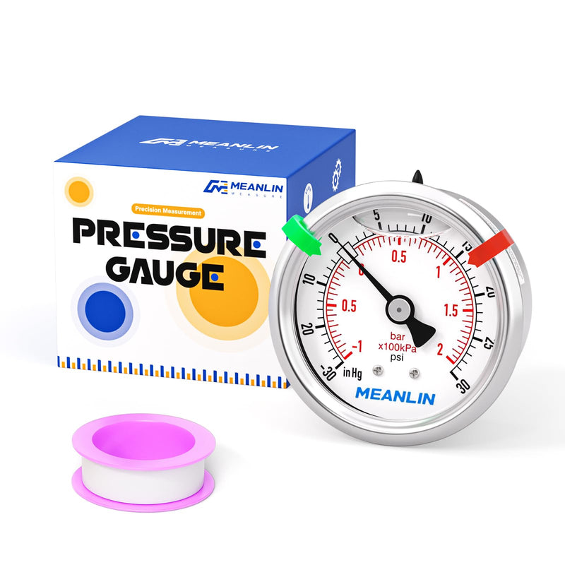 MEANLIN MEASURE -30inHG~30Psi Vacuum Pressure Gauge 1/8" NPT 2.5" FACE DIAL, Stainless Steel Liquid Filled Pressure Gauge WOG Water Oil Air Center Back Mount (with 2PCS Snaps) -15-30Psi Back Mount (1/8NPT)