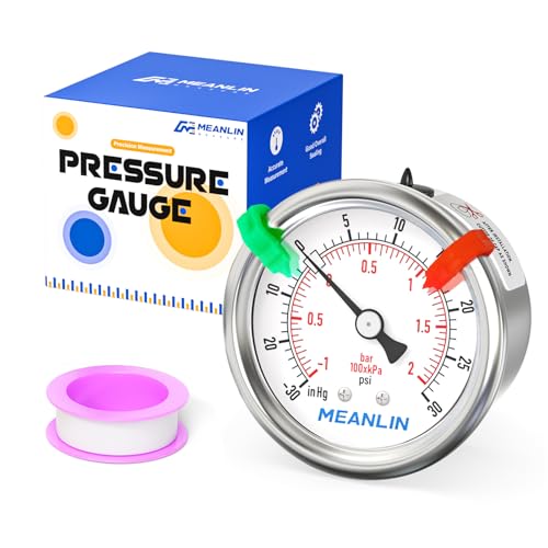 MEANLIN MEASURE -30inHG~30Psi Vacuum Gauge Stainless Steel 1/4" NPT 2" FACE DIAL Waterproof for Air Compressor HVAC Negative Pressure Hand Pump Pool Center Back Mount (with 2PCS Snaps) -30inHG-30Psi