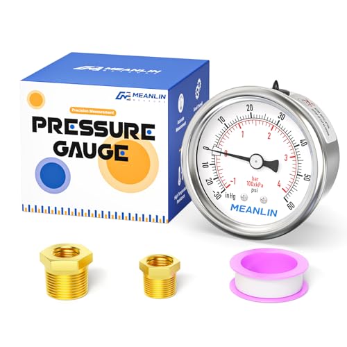 MEANLIN MEASURE -30inHG~60Psi Vacuum Gauge Stainless Steel 1/4" NPT 2" FACE DIAL Waterproof for Air Compressor HVAC Negative Pressure Hand Pump Pool Back Mount with 1/2" NPT and 3/8" NPT Hex Bushing -15-60Psi