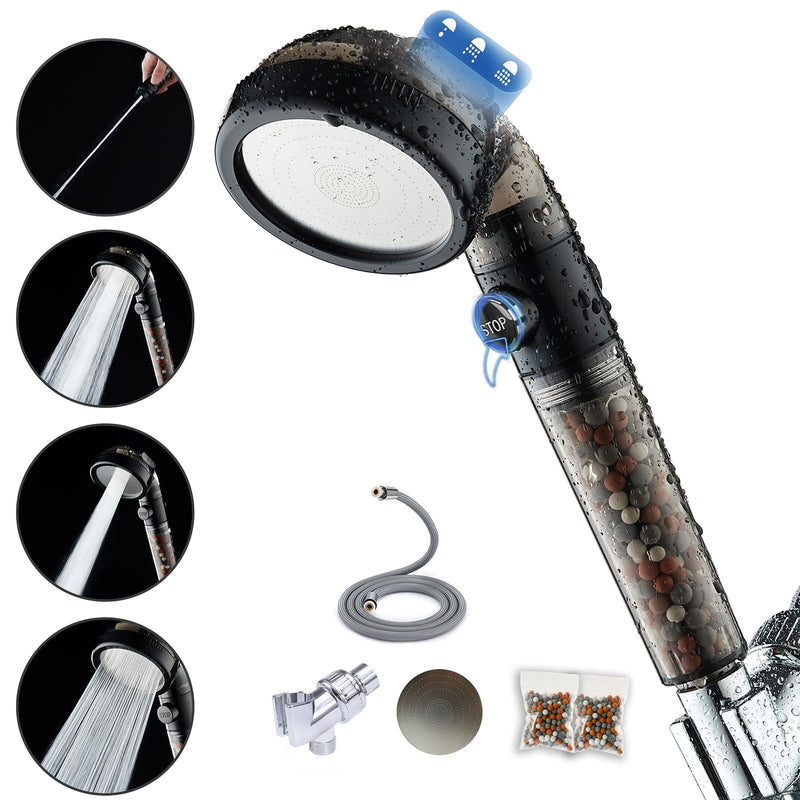 Filtered Shower Head with Handheld - High Pressure Mineral ShowerHead with Filters for Hard Water - Reduces Dry Itchy Skin, Easy Instal, 4 Modes, Water Saving, Durable, Detachable anti blocking Black