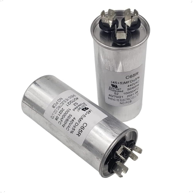 C65R Capacitor 45+5 uF (3 terminals) 440VAC 45/5 MFD 50/60 Hz Motor Round Dual Run for Air Conditioners, Dehumidifiers, Washing Machines, Dishwashers, Pools Pumps E237947 C65R, 45uf + 5uf (3 terminals), 440VAC