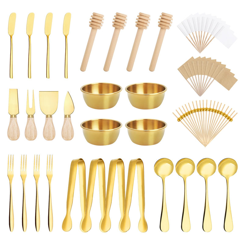 98 Pcs Charcuterie Board Accessories, Stainless Steel Cheese Spreaders with Wooden Handle Forks Spoons Mini Serving Tongs Honey Dippers Sauce Cups Toothpick Flags Charcuterie Utensils, Gold