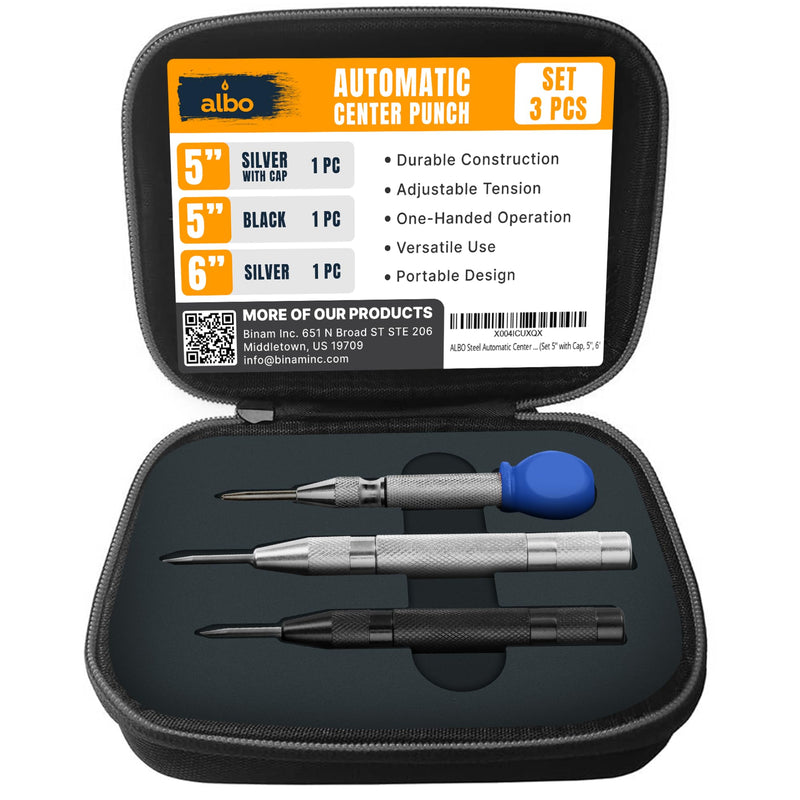 ALBO Automatic Center Punch Set – 3 Heavy Duty Spring Loaded Punch Tools for Metal, Wood, Steel – Precision Tips, Galvanized & Blackened Options, Storage Box – Ideal for DIY, Workshop & Professionals Set 5'' with cap, 5'', 6''