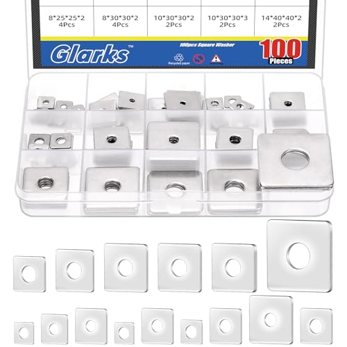 Glarks 100pcs M3 M4 M5 M6 M8 M10 M14 Square Washers Assortment Set, 15 Sizes 304 Stainless Steel Square Plate Washers with Round Hole, Rectangular Washers, Square Washers Plate for Hardware Fixing